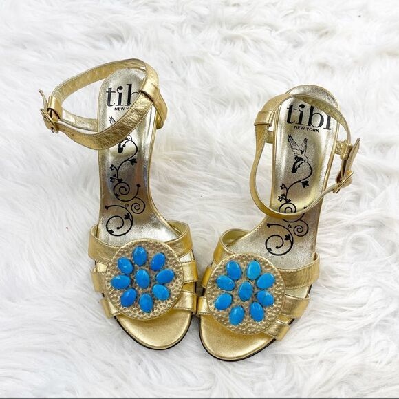 Tibi Metallic Gold Turquoise Beaded Strappy Heeled Sandals - Picture 1 of 11